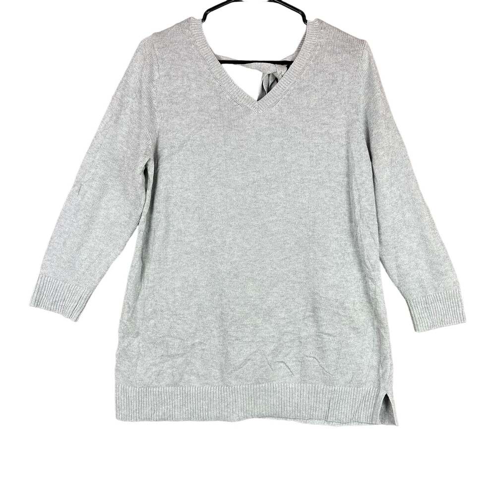 Talbots Women Sweater Silver Knit V Neck Pima Cotton Slit Hem Crossback Tunic M